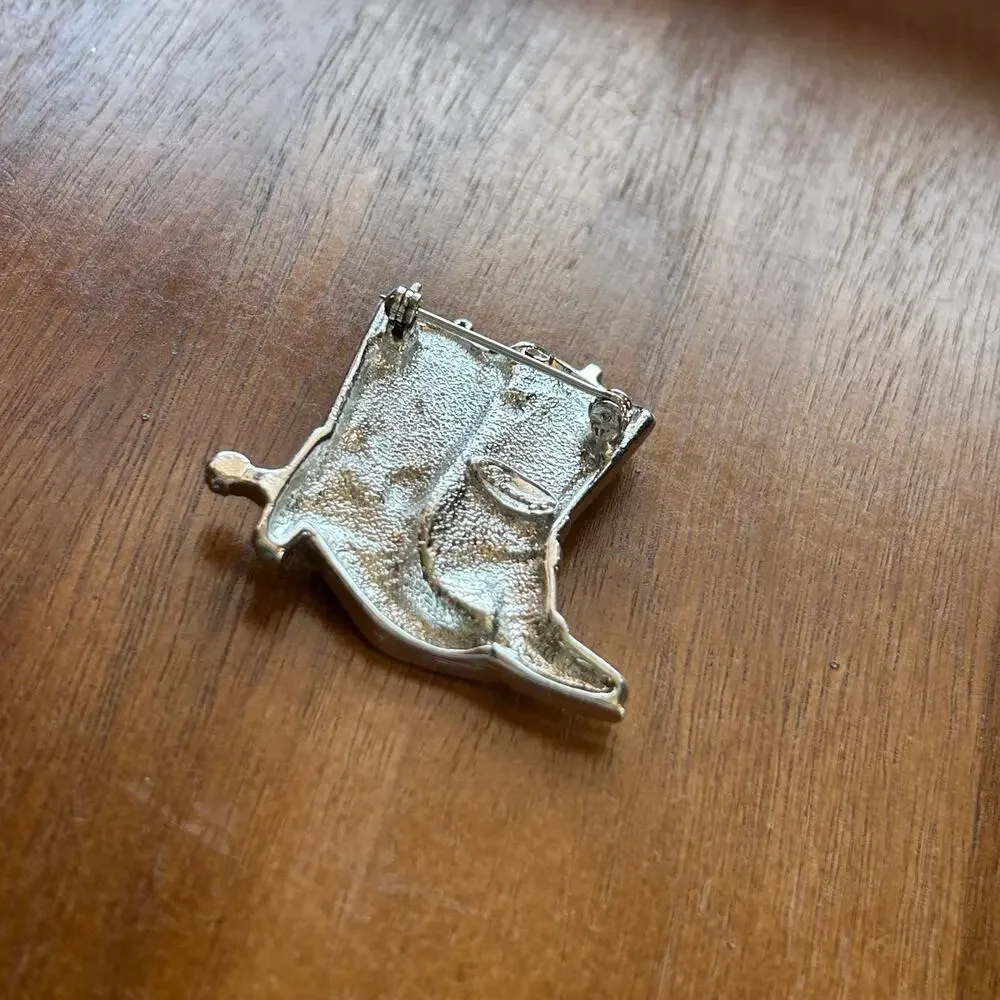 Vintage Silver Tone Cowboy Boots Brooch | Blue Enamel & Rhinestone Western Pin